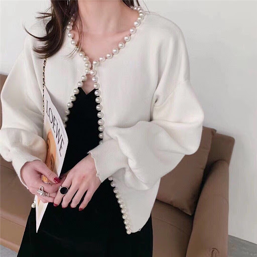 Title 13, Womens Round Neck Pearl Trim Short Long Sleeve...