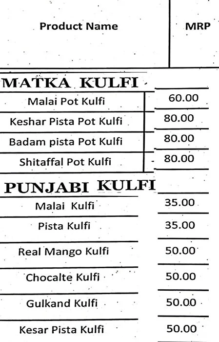 Kumar Ice Cream menu 