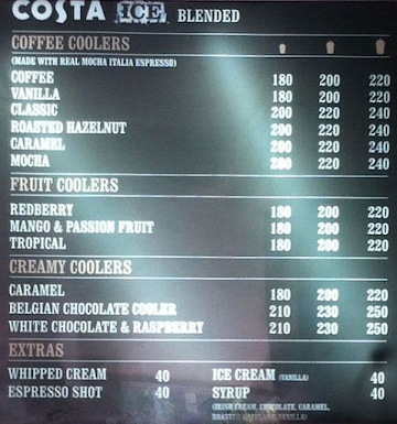 Costa Coffee menu 