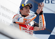 Marc Marquez of Spain and Repsol Honda Team celebrates on the podium after MotoGP race of San Marino at Misano World Circuit on September 15, 2019 in Misano Adriatico, Italy. Quality Sport Images/Getty Images