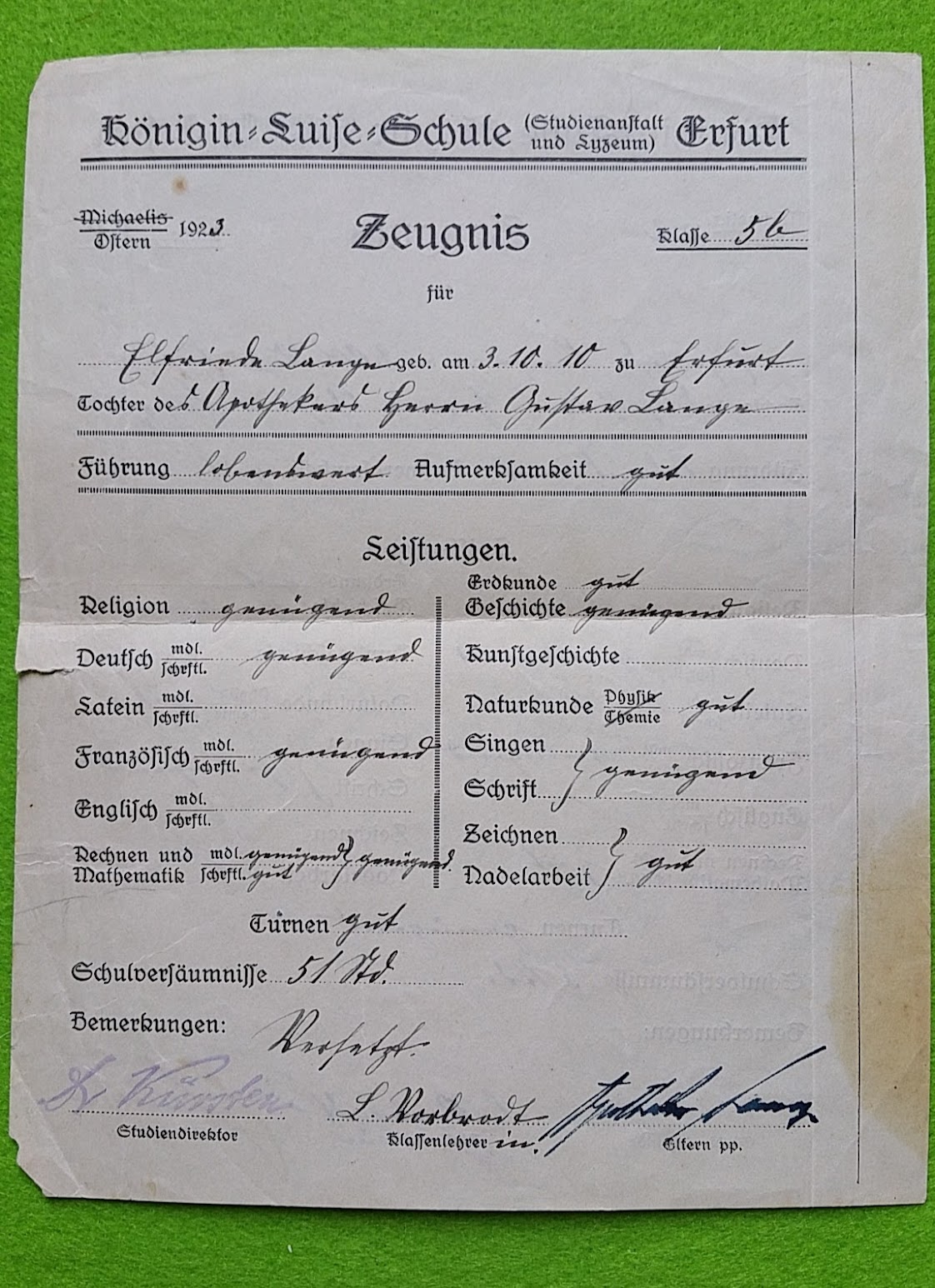 Zeugnis - Zensurenbuch Elfriede Lange 1917 bis 1923
