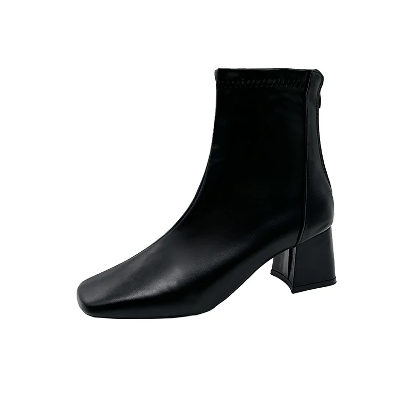 Square toe short boots in European and American style, back zip, chunky heel, offering both style and comfort for everyd