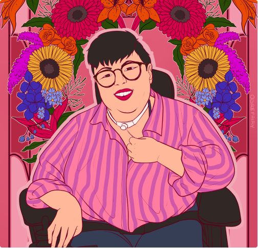 An illustration of Stacey wearing her favorite color, pink, with a colorful floral arrangement in the background.