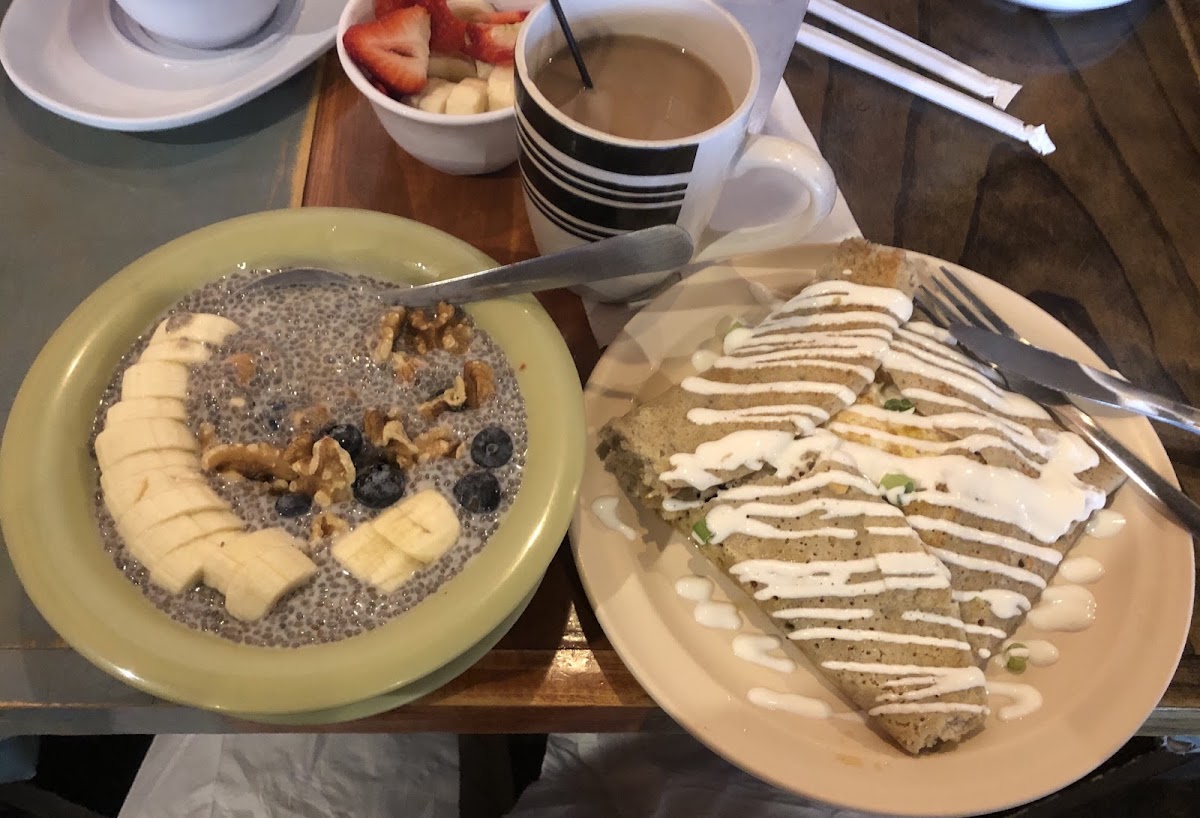 The chia pudding was so good. The turkey crepe was good too but I would have ordered it without the creme fresh if I had known. Not a huge menu but very accommodating! I would definitely visit again.