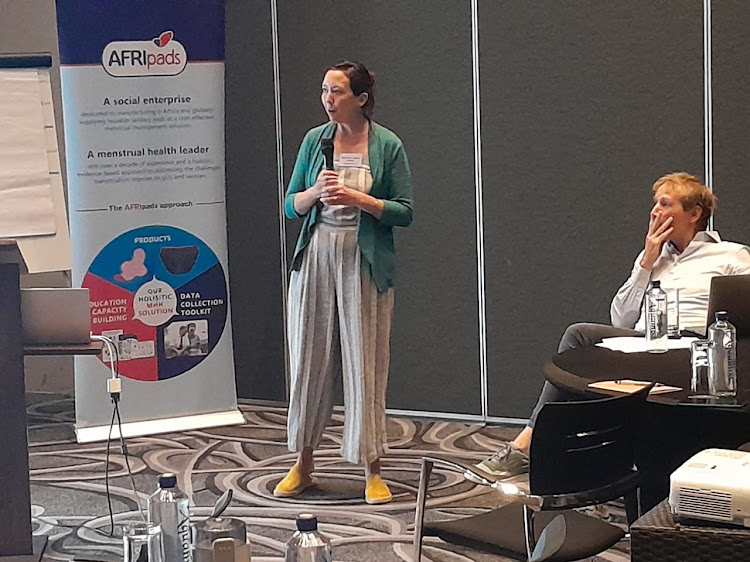 Afripads Head of Partnerships and Communication Michelle Tjeenk Willink speaking during a networking forum menstrual products uptake insights in Nairobi on September 21, 2023.