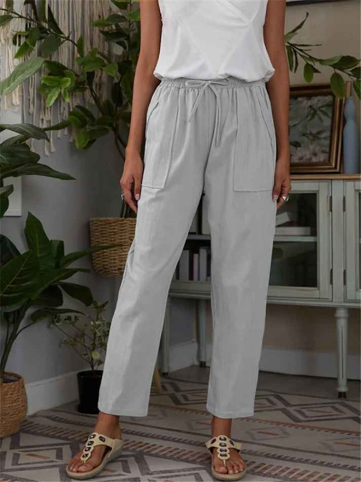 Solid Color Big Pockets Elastic Waist Cotton Linen Loose Ladies