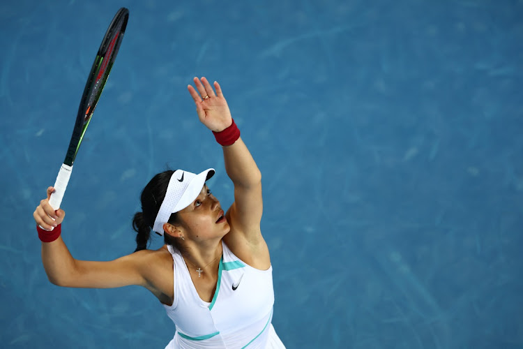 Emma Raducanu of Great Britain serves in her first round singles match against Sloane Stephens of United States during day 2 of the 2022 Australian Open at Melbourne Park on January 18 2022. Picture: GETTY IMAGES/CLIVE BRUNSKILL