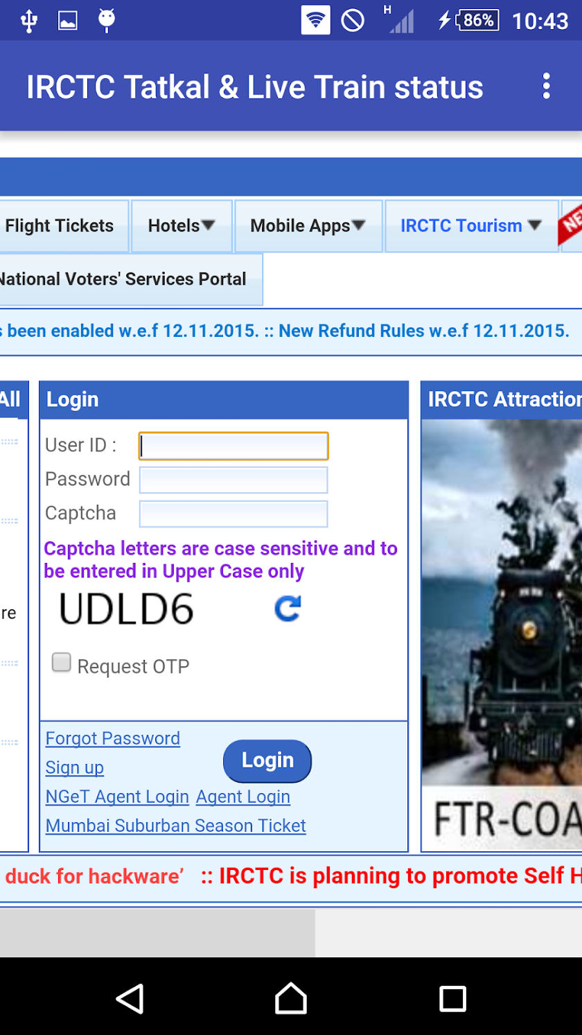 IRCTC Tatkal &amp; Live Status Screen 3