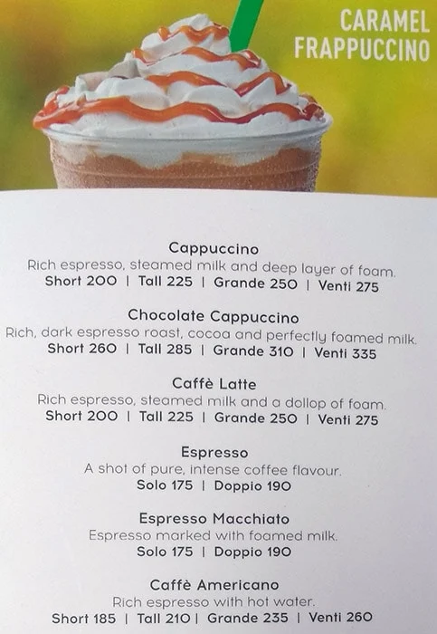 Starbucks menu 