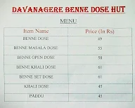 Davangere Benne Dose Hut menu 1