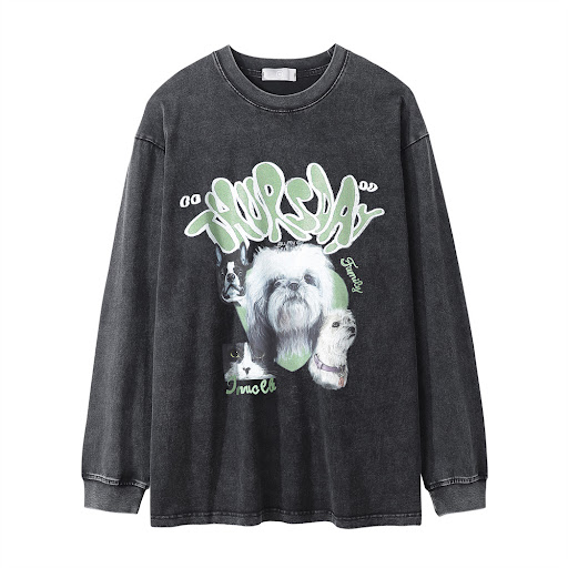 Title 9, Animal Dog Printed T-shirt Loose Round Neck Lon...