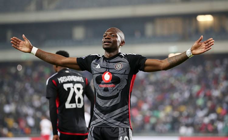 Tshegofatso Mabasa celebrates scoring his and Orlando Pirates' second goal in the the DStv Premiership match against Chippa United at Orlando Stadium on Wednesday night.