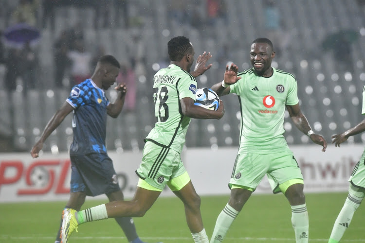 Patrick Maswanganyi celebrates scoring Orlando Pirates' equaliser in their DStv Premiership match against Moroka Swallows at Dobsonville Stadium on Wednesday night.