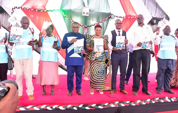 Health CS Susan Nakhumicha with other officials during the launch of the 'End the Triple Threat Commitment plan' during the Women Leadership Summit in Bungoma on February 25, 2024.