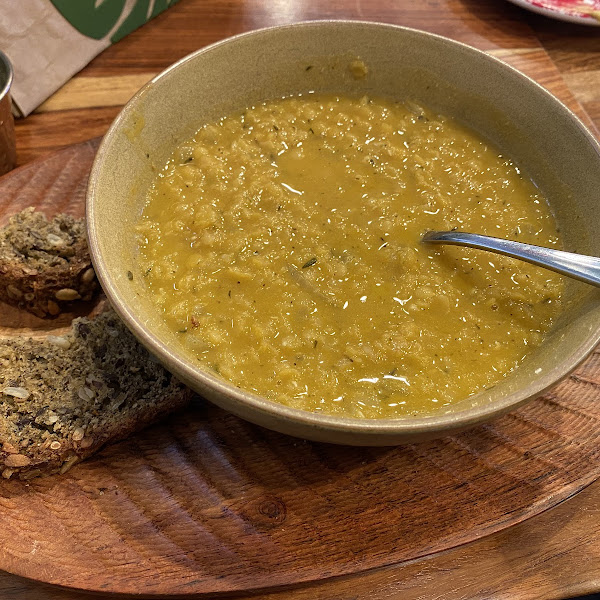 Pumpkin curry soup!!  The slice pf bread thay came wirh it was soooo flavorful i aaked for a second slice!