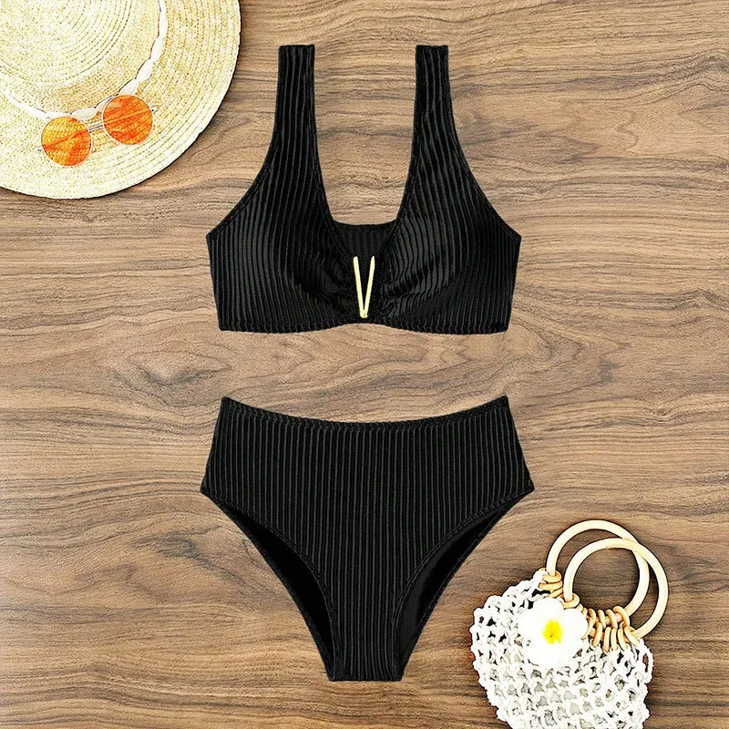 Bikini donna a vita alta tinta unita spezzato, costume da bagno. Comodo e alla moda per spiaggia e piscina. Perfetto per l'estate.