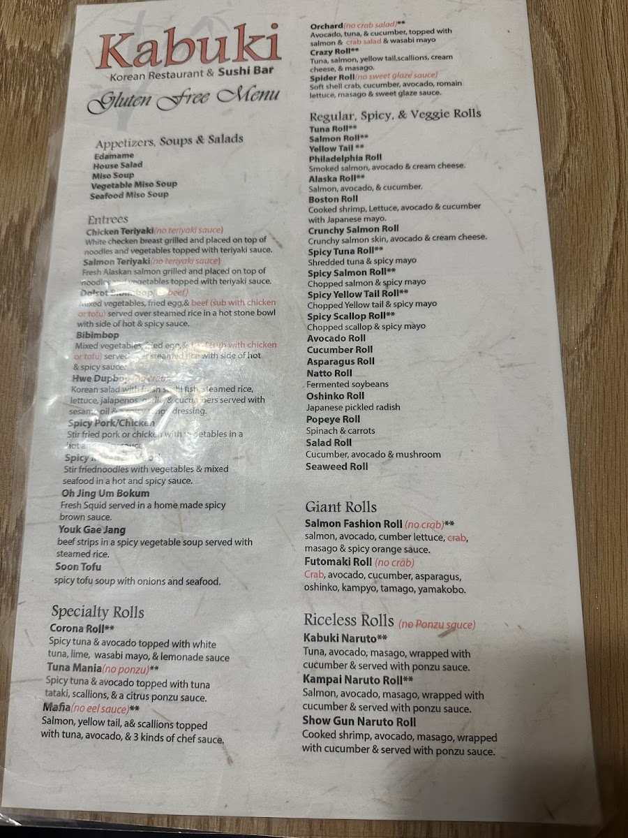 Kabuki Restaurant & Sushi Bar gluten-free menu