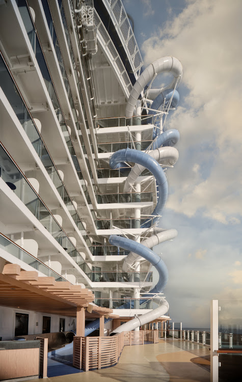 The Drop is a dry-slide that corkscrews through a 10-storey free fall down the side of the ship.