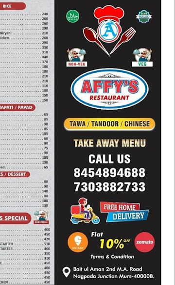 Affy’s Restaurant menu 