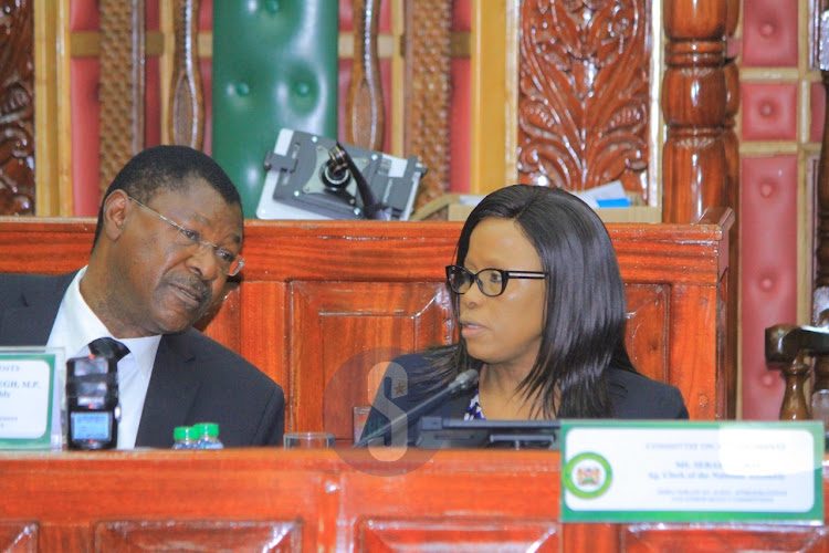 Chairman committee on appointments Moses Wetang'ula talks to acting clerk National assembly Serah kioko during the vetting of nominated Cabinet Secretaries on Monday, October 17, 2022.