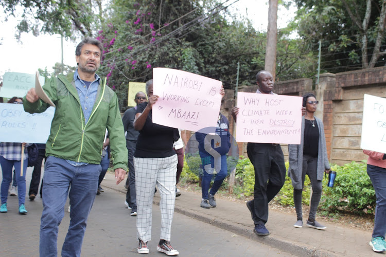 Residents of Mbaazi Avenue in Lavington protest against the construction of a 13 storey building with 512 units on October 26, 2023.