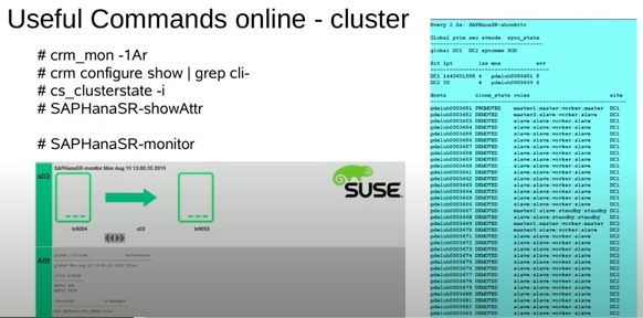 Useful Commands online - cluster 
# crm mon -IAr 
# crm configure show I grep cli- 
# cs clusterstate -i 
# SAPHanaSR-showAttr 
# SAPHanaSR-monitor 