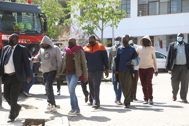 SUSPECTS: Ngenoi Hilalu, Peter Njenga, David Kachora, George Nganga and Mutende Selalo at Mavoko Law Courts on Tuesday.