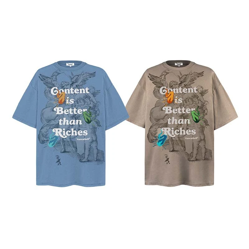 Američka Retro Iznosana Majica sa Štampom Anđeoskih Slova, Unisex Kratki Rukav, Idealna za Svakodnevni Izgled i Vintage Stil