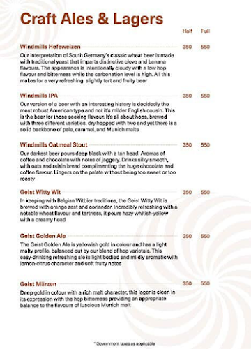 Windmills Craft Beer menu 