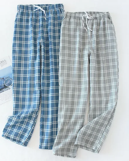 Men's Cotton Gauze Trousers Plaid Knitted Sleep Pants Wom... - 0