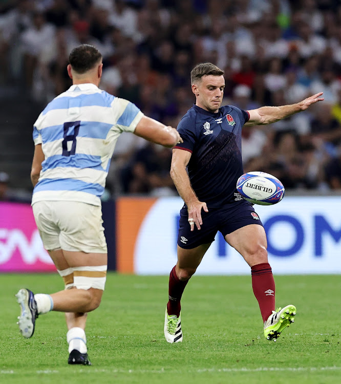 George Ford of England kicks the ball upfield during the Rugby World Cup France 2023 match against Argentna at Stade Velodrome on September 09, 2023 in Marseille, France.