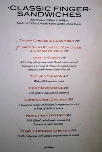 Elma's Brasserie menu 