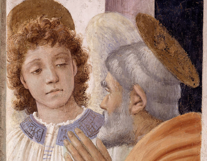 Filippino Lippi,San Pietro liberato dal carcere (particolare san Pietro e l'angelo), affresco nella Cappella Brancacci, Santa Maria del Carmine, Firenze