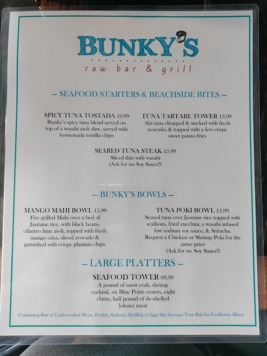 Bunky's Raw Bar & Seafood Grill gluten-free menu