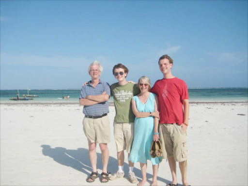 HER FAMILY ON DIANI BEACH: Bernard, alec, Karen and Sam.