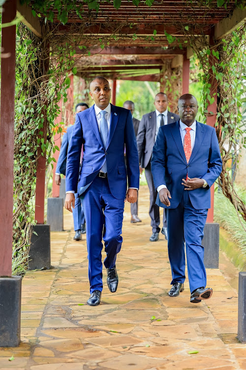 Deputy President Rigathi Gachagua with Somalia Prime Minister Hamza Abdi Barre at his Official Residence in Karen, Nairobi, on May 7, 2024.