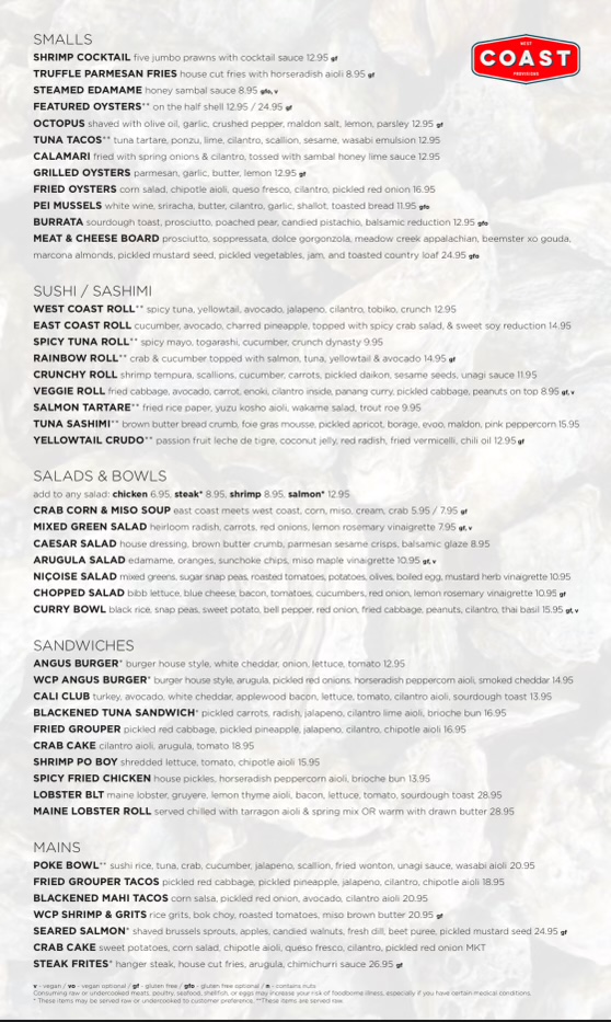 West Coast Provisions gluten-free menu