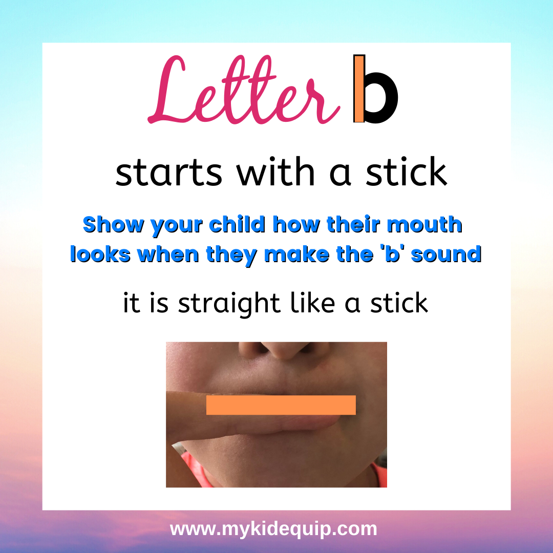 A strategy to stop a children from writing b and d backwards.  The letter be starts with a stick which relates to how our mouth starts the sound - in a straight line.