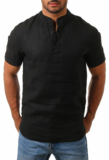 Title 5, Mens Stand Collar Cotton Linen Long Sleeve Shi...