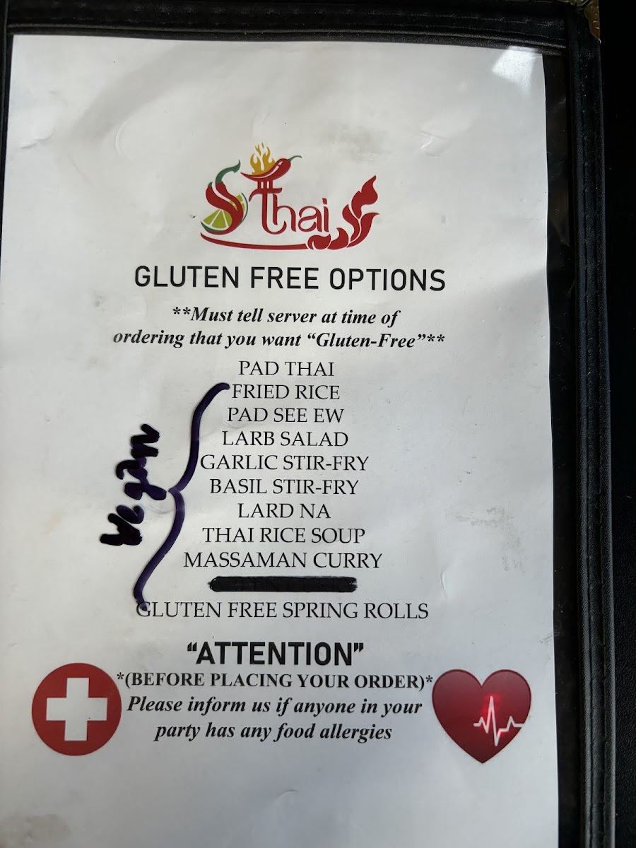 Sirinna's Thai Kitchen gluten-free menu