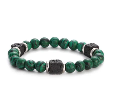 Bracelet homme en pierre volcanique Lava Block, perles de verre et marbre colorées, design rétro pour un style unique et affirmé.