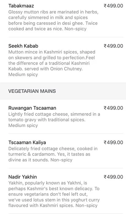 Mealability The Flavor of Kashmir menu 