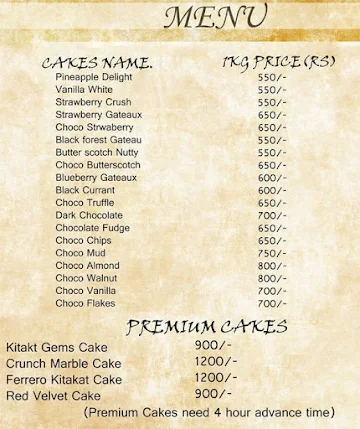 Cakes Hi Cakes menu 