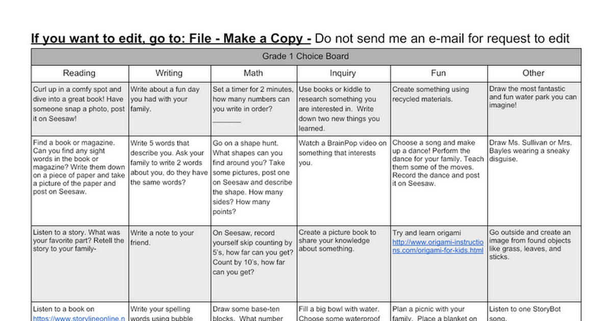 Grades 1-5 Choice Boards