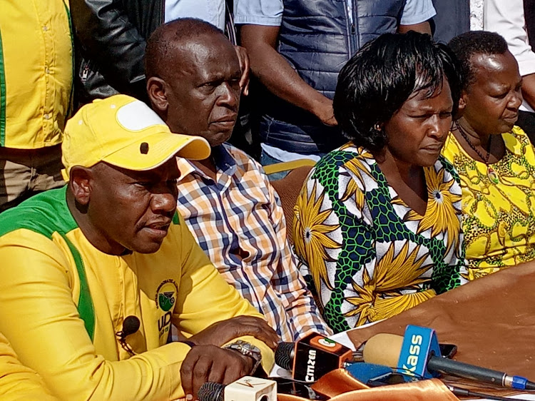 UDA candidates Jonathan Bii, Samel Chepkonga, Phylllis Bartoo and Janet Sitienei at a press conference in Eldoret on June 20