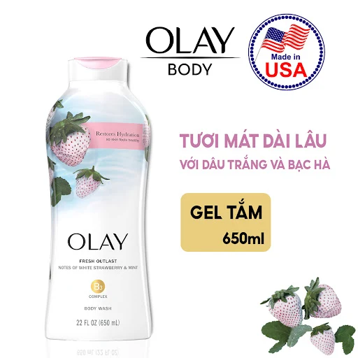 Sữa tắm Olay dưỡng da Dâu trắng và Bạc hà 650ml