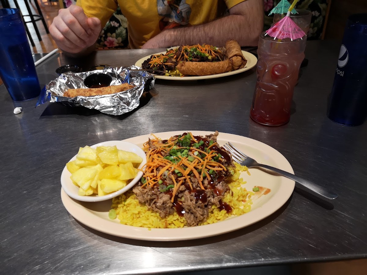 I had Hawaiian pulled pork and rice with a side of pineapple. My partner (not gluten-free) had a meal that included the egg rolls which are not gluten free, and the Caribbean combo.