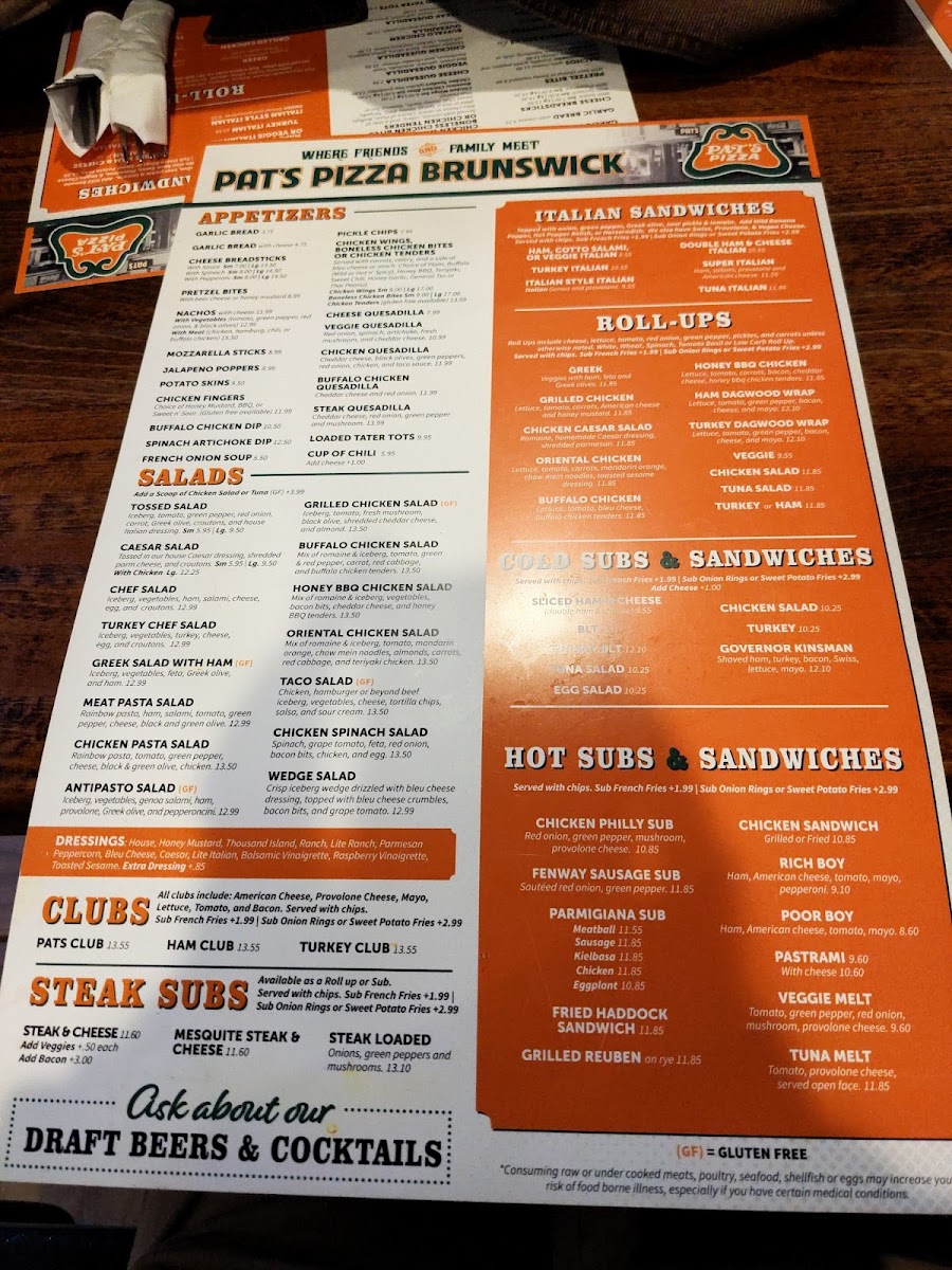 Pat's Pizza gluten-free menu