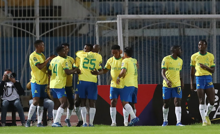 Tebogo Mokoena of Mamelodi Sundowns celebrates his goal with teammates in the Caf Champions League Group A match against Pyramids FC at 30 June Stadium in Cairo, Egypt on Tuesday night.