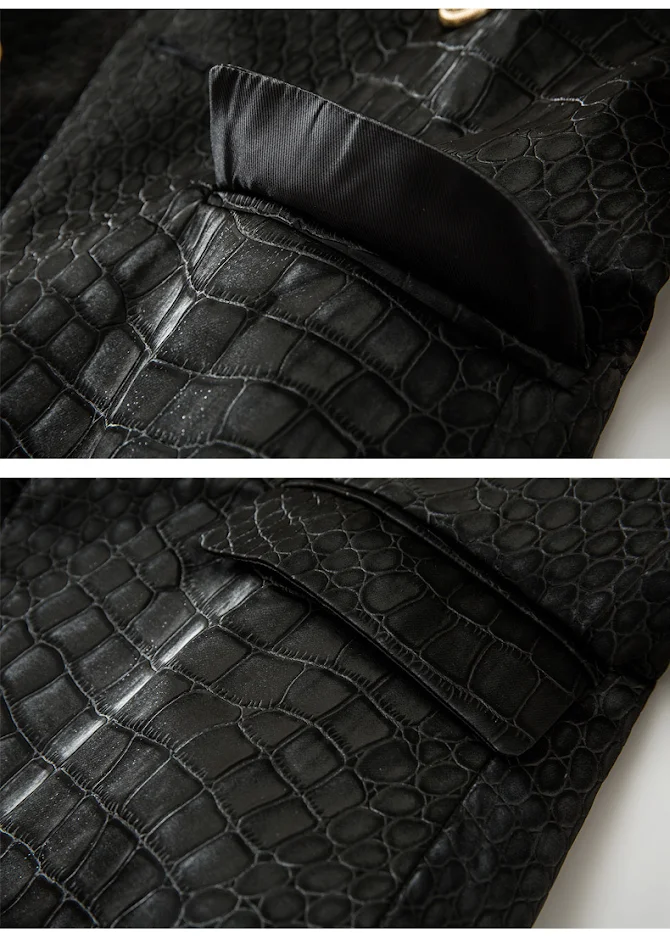 Casaco de couro de crocodilo estilo europeu e americano, ajuste fino, jaqueta com fivela de metal na cintura para um visual elegante e moderno.